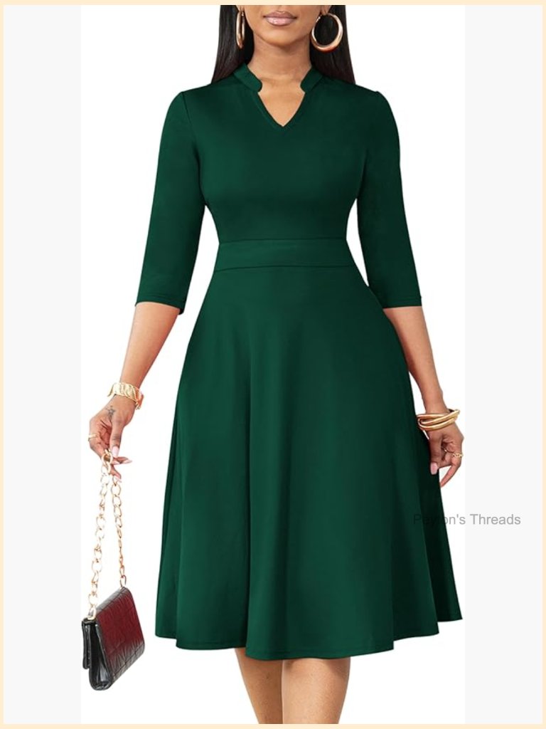 Women's Fit And Flare A-Line 3/4 Sleeve Midi Dress With Pockets